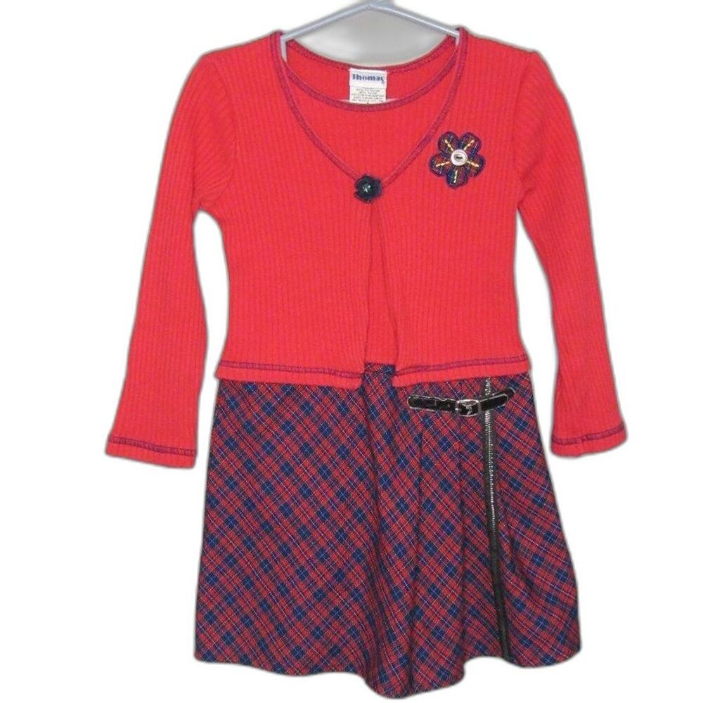 Y2K Plaid Dress Girls Size 5 Red Multicolor Embellished Plaid Retro VTG School